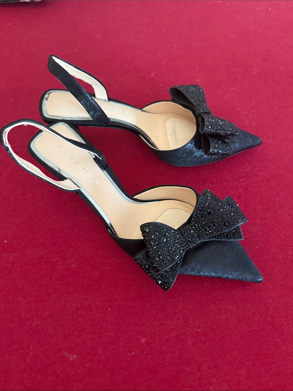 Alex Marie Black Pointed Toe Slingback Heels with Crystal Bow